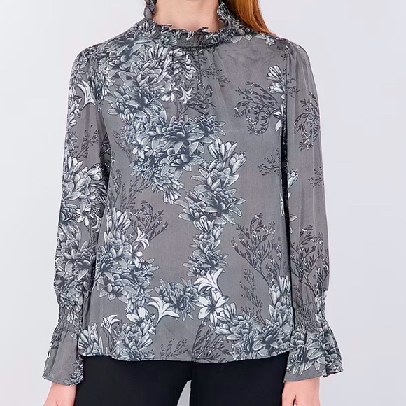 VINCE CAMUTO Mock Neck Grey Floral Print Long Sleeves Pullover Blouse Size M - Picture 13 of 15